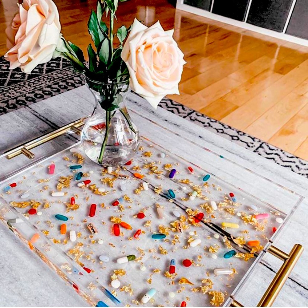 Handmade Kitschy Resin Acrylic Pill Tray with Gold Handles 11” X 11” X 2” - Picture 4 of 5